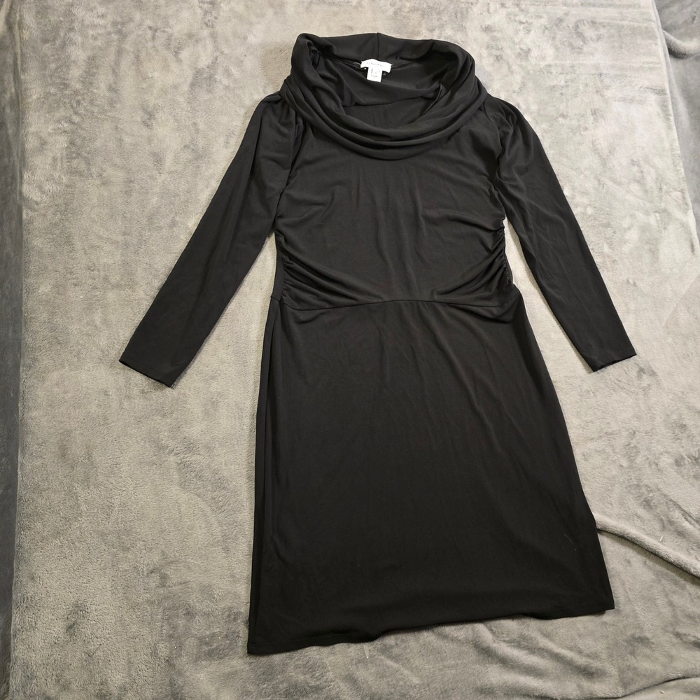 Chic Black Cowl Neck Midi Dress Small Ruched Draped Bodycon Cocktail Party Gala - Picture 3 of 16